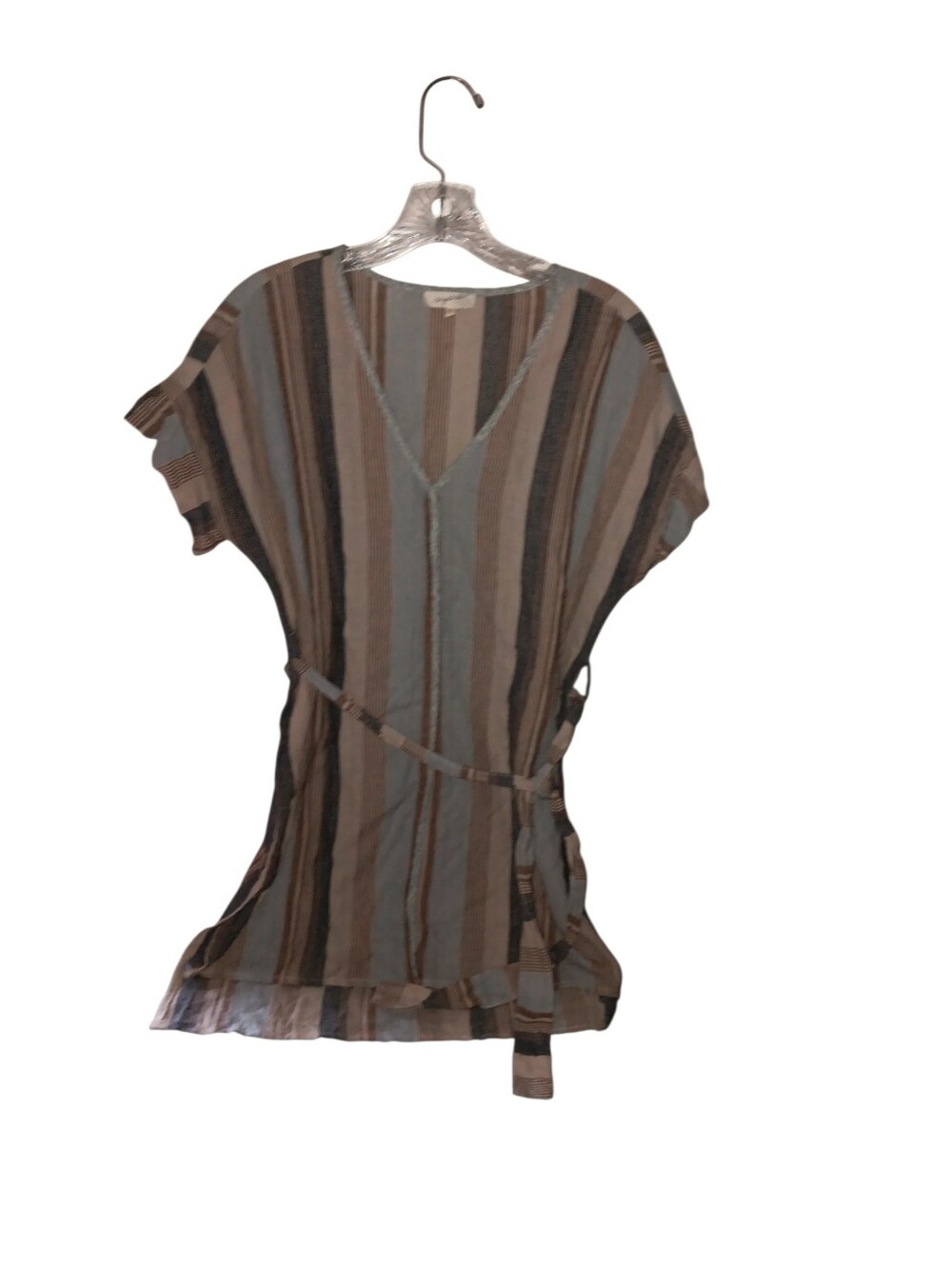 Mystree Short Sleeve V-neck Neutral Striped Tunic Top Medium